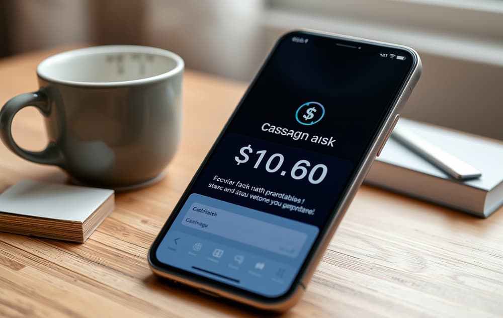 Smarttelefon med cashback-melding på norsk, kaffekopp og notatblokk